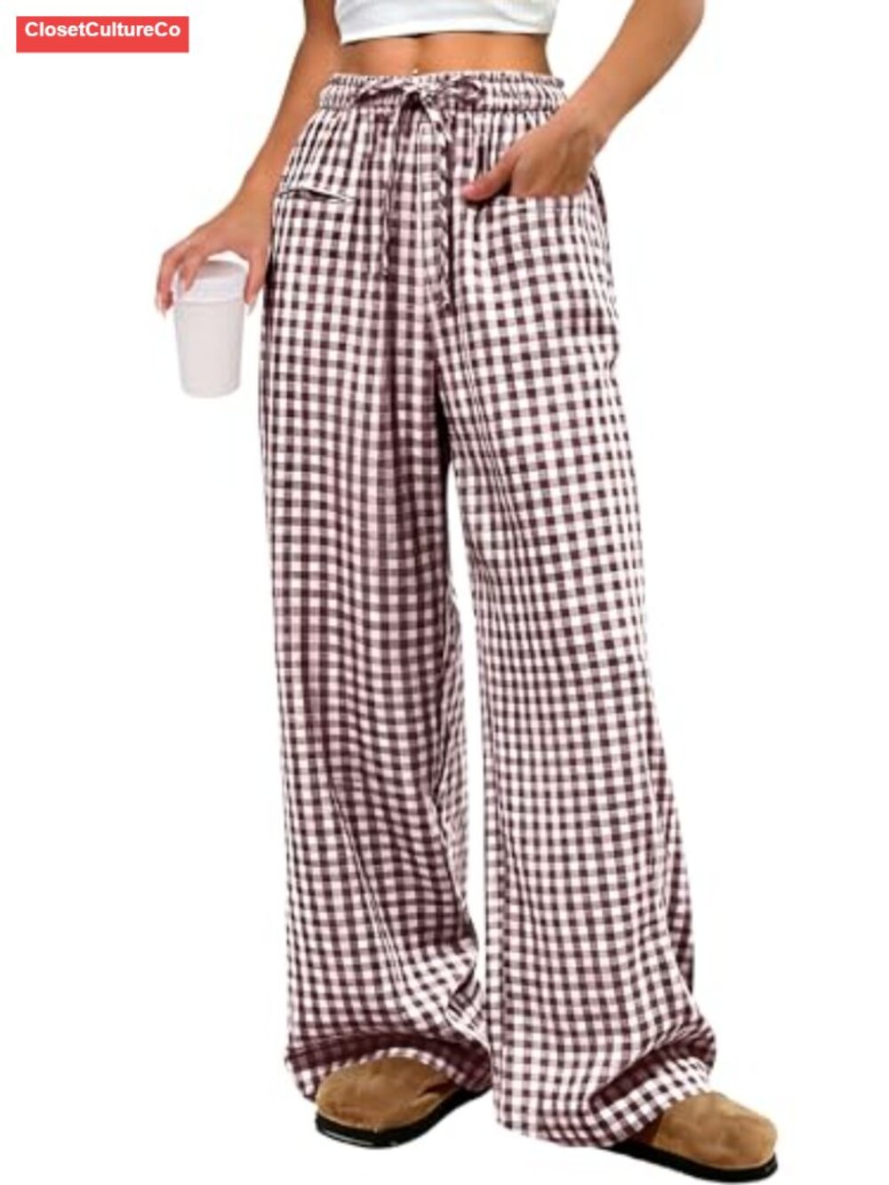 Wide Leg High Waist Plaid Pants Drawstring Rayon Palazzo Trousers
